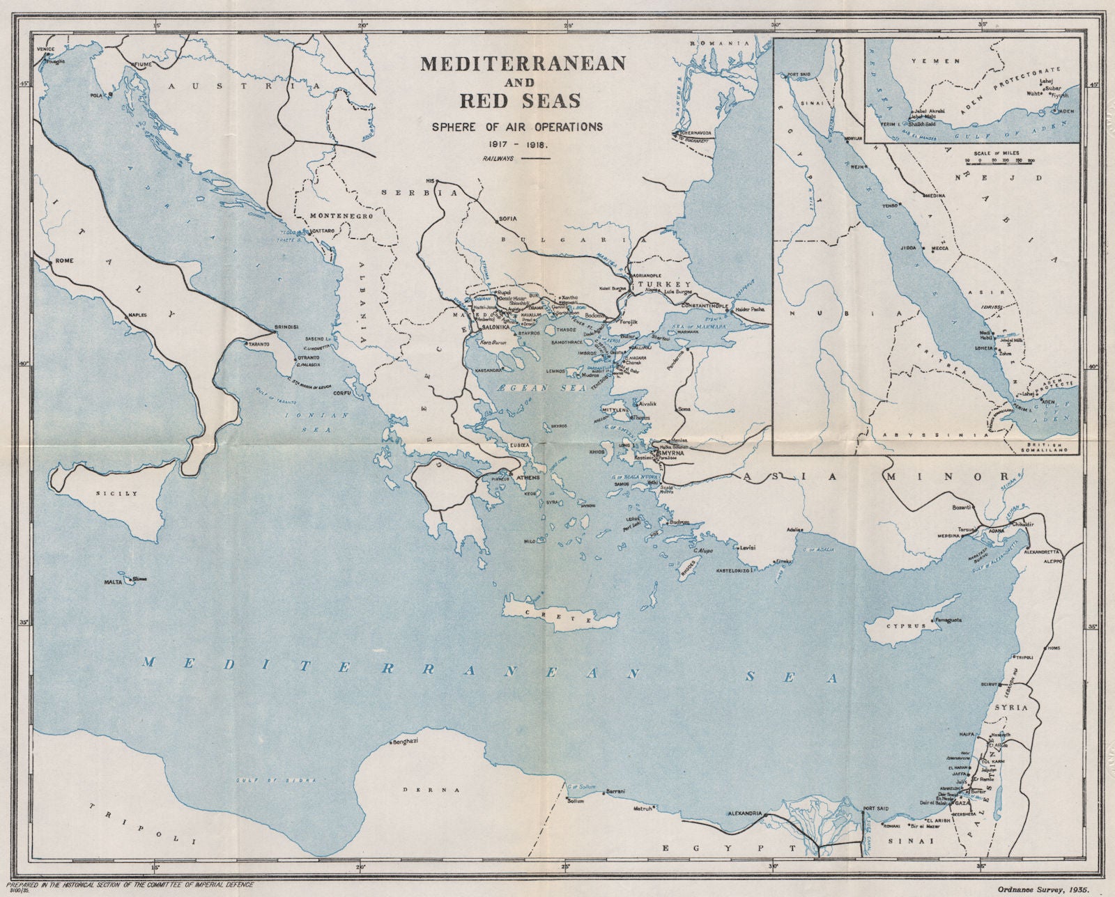 FIRST WORLD WAR. Mediterranean Aegean Red Seas. Air Operations 1917-18 1935 map